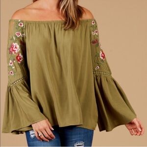 Altar’d State Greenery Embroidered Off the Shoulder Peasant Blouse Bell Sleeve